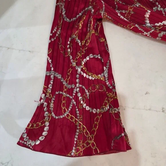 Jaclyn Smith Equestrian Chain Print Button-Up Blouse XL Long Sleeve Pleated Red - Picture 6 of 11